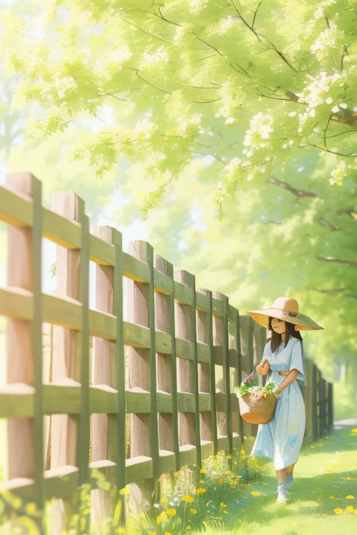 There&#39;s a person walking next to the fence, Summer Afternoon, take a walk in the garden, In the countryside, on a sunny day, Summer morning sunshine, Picking flowers, by Ai-Mitsu, cottage core!!, In nature, Photo shoot, on a sunny day, bright sunny day, Japan's Countryside, sunny summer day, Summer Settings