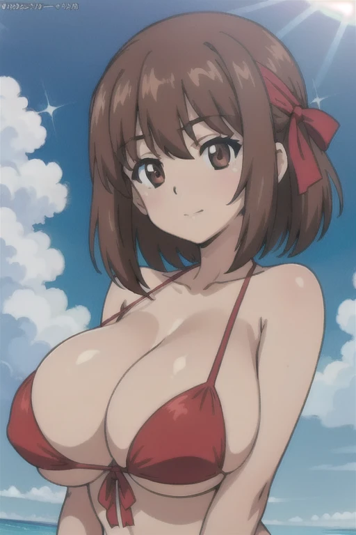 (anime cels style, best quality, high resolution, megami magazine, anime poster style, sharp, 8k, photorealistic), (beautiful eyes:1.2), (kondou_taeko:1.5, Girls und Panzer), 1girl, brown medium hair, brown eyes, (red headband ribbon), (huge breast), (red bikini), upper body, (perfect detailed anatomy, beautiful face, perfect body, perfect arms, shiny skin), sunshine, bluesky