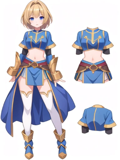 solo female, croptop, ((( white background))), character focus, fantasy clothes, standing, grove cuff, gauntlets, character design, multiple views,