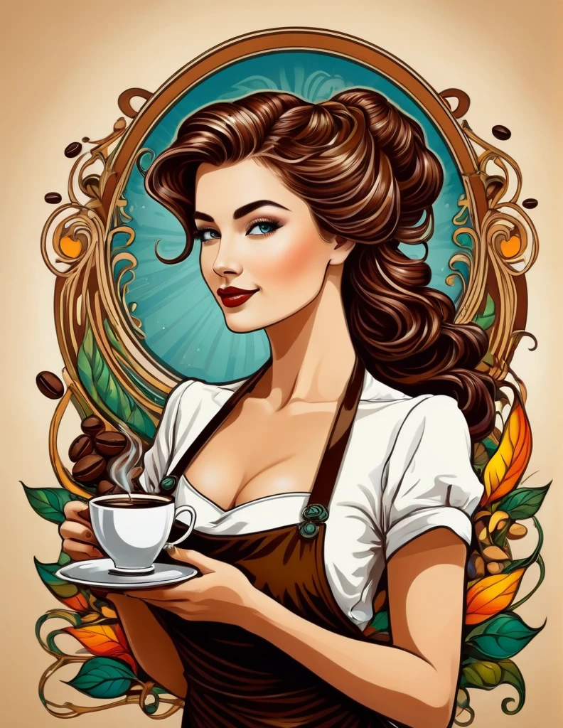 Art Nouveau portrait of an elegant beautiful female Barista with coffee beans, more colorful