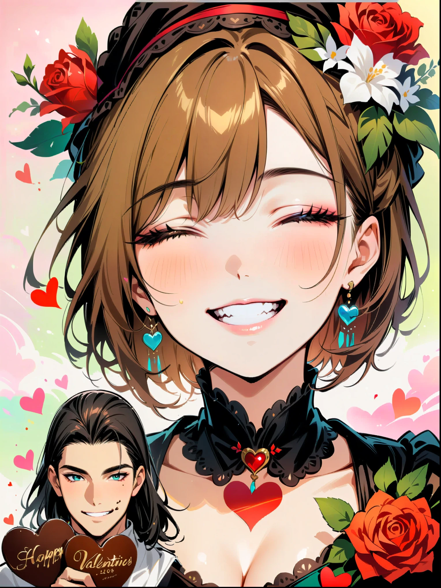 masterpiece,masterpiece, collage of couple, 1 guy, 1 woman, valentine, happy, smile, chocolate, roses, hearts