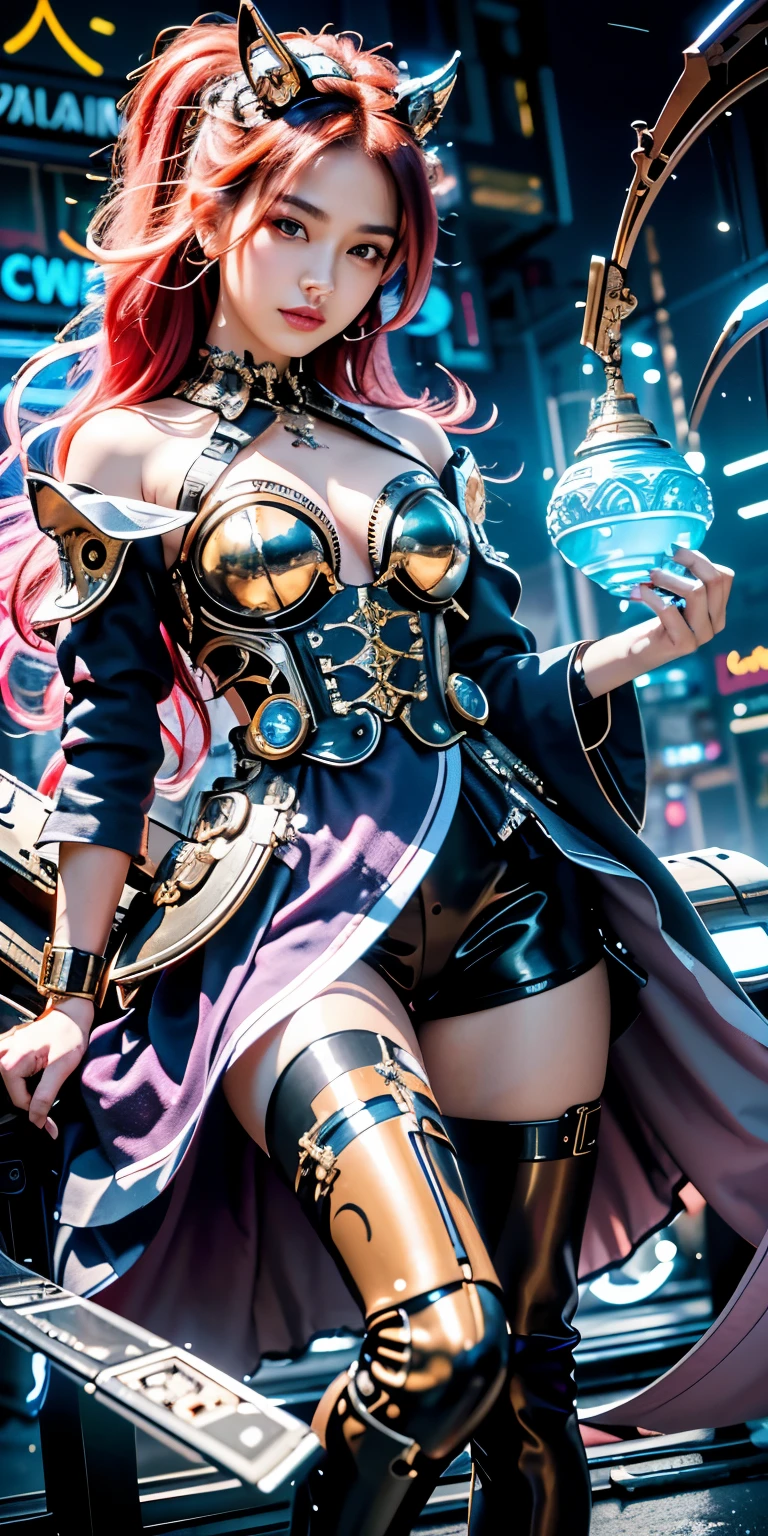 (top-quality:1.2, masterpiece)、ultra high resolution、extremely ultra surrealism, (Photorealsitic:1.4)、Raw photo、(Steampunk Battle Cyborg fallen angel)、large wings made of metal、black porcelain body、red hair、glowy skin、1 Cyborg girl、(mechanical frame:1.3)japanese, extremely cute face, ((super realistic details))、portrait、globalillumination、Shadow、octan render、8K、ultrasharp、character edge light、Details of complex ornaments、Acrylic Clear Cover、Sumerian details、Hydraulic cylinder、Small LED lamp、highly intricate detail、Realistic light、a purple eye、radiant eyes、Facing the camera、neon details、cowboy shot、Futuristic headgear、About Cyberpunk