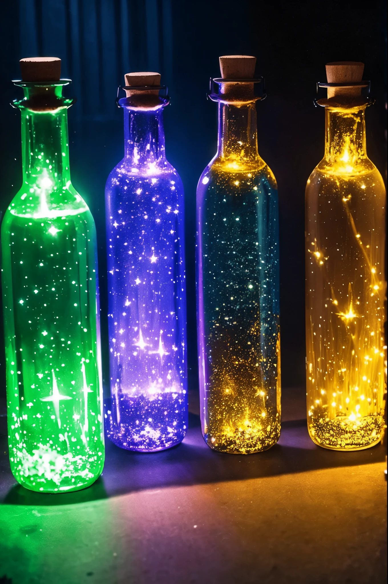 (best quality,8k,masterpiece:1.2),medieval magic bottles,full of vivid lights,fireflies