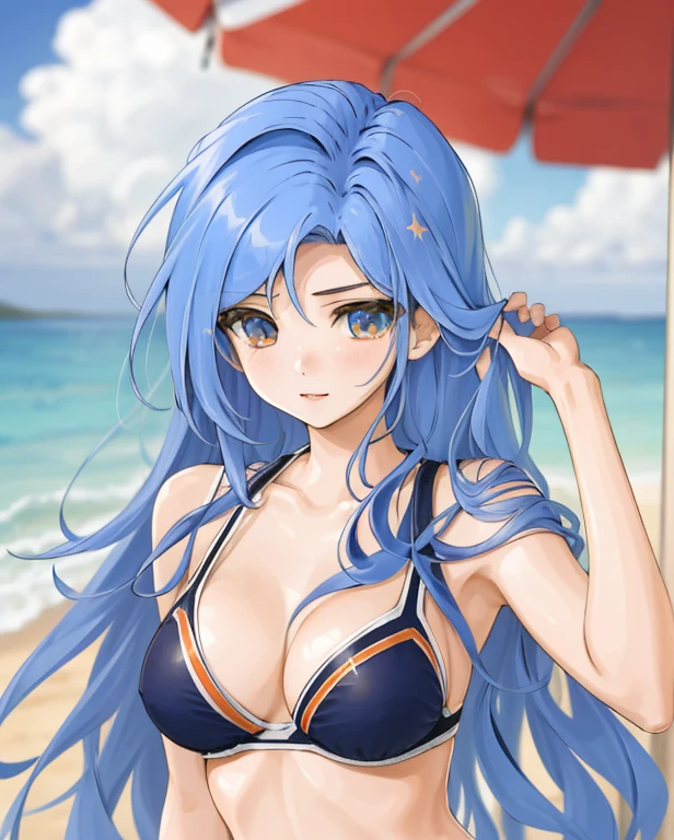 chaesu-minah, 1girl, solo, blue bikini, blue eyes, blue hair, at the beach, 8k, high resolution, shallow depth of field, high detai, at the beach, masterpiece, best quality, highly detailed