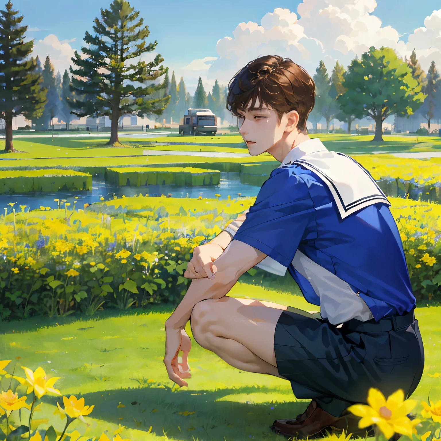 8k,high-definition,highest quality,The best picture quality,top quality,boys,high school student,boy,short brown hair,short brown hair,boy,man,student,high school student,high school student穿搭,Uniforms,白蓝相间的Uniforms,shorts,Squat down,Squat position,On the lawn,Crowded,Looking at a flower,Golden flowers,看着一朵Golden flowers,care,Staring at the flowers