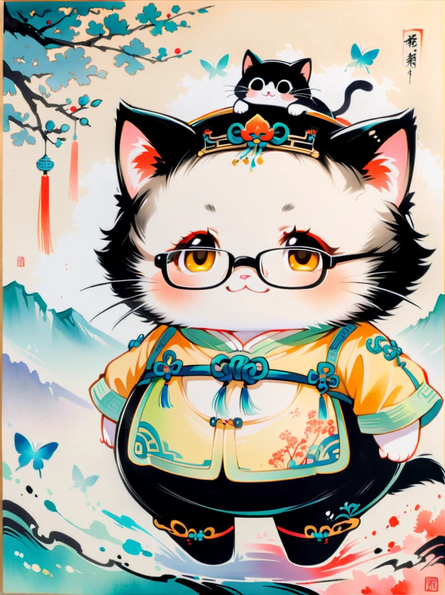 Close-up, Chinese traditional elements, Chinese Ancient Tang Dynasty,cute kitty is playing butterflies, wearing glasses, happy,exaggerated expression,colourful ink wash painting, delicate brushstrokes, rich details, high quality, movie-level lighting, cute, chubby, chibi,fuzzy,I can't believe how cute it is
