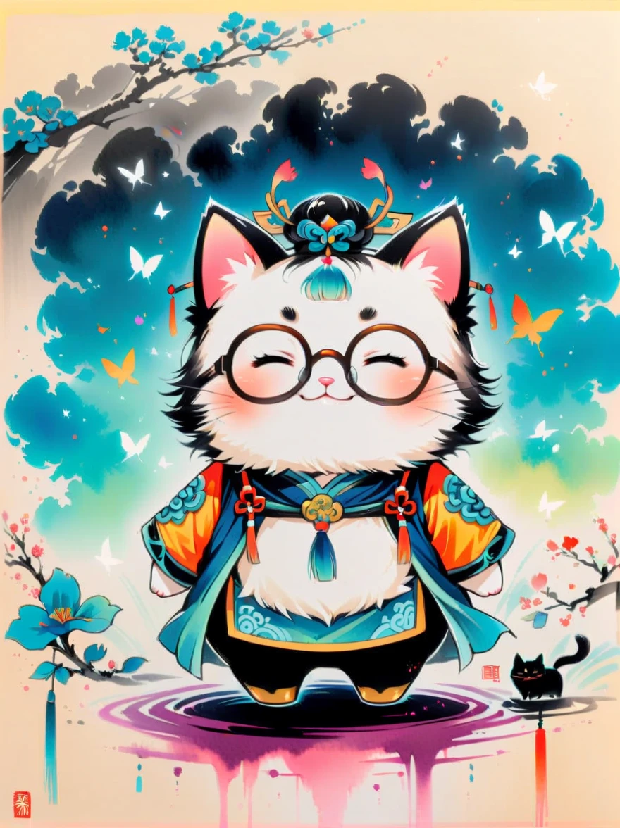 Close-up, Chinese traditional elements, Chinese Ancient Tang Dynasty,cute kitty is playing butterflies, wearing glasses, happy,exaggerated expression,colourful ink wash painting, delicate brushstrokes, rich details, high quality, movie-level lighting, cute, chubby, chibi,fuzzy,I can't believe how cute it is