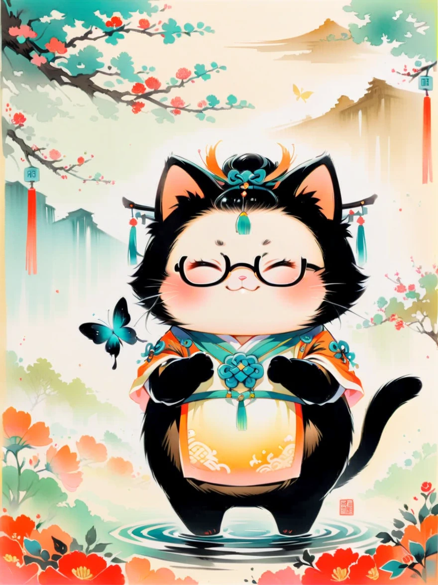 Close-up, Chinese traditional elements, Chinese Ancient Tang Dynasty,cute kitty is playing butterflies, wearing glasses, happy,exaggerated expression,colourful ink wash painting, delicate brushstrokes, rich details, high quality, movie-level lighting, cute, chubby, chibi,fuzzy,I can't believe how cute it is
