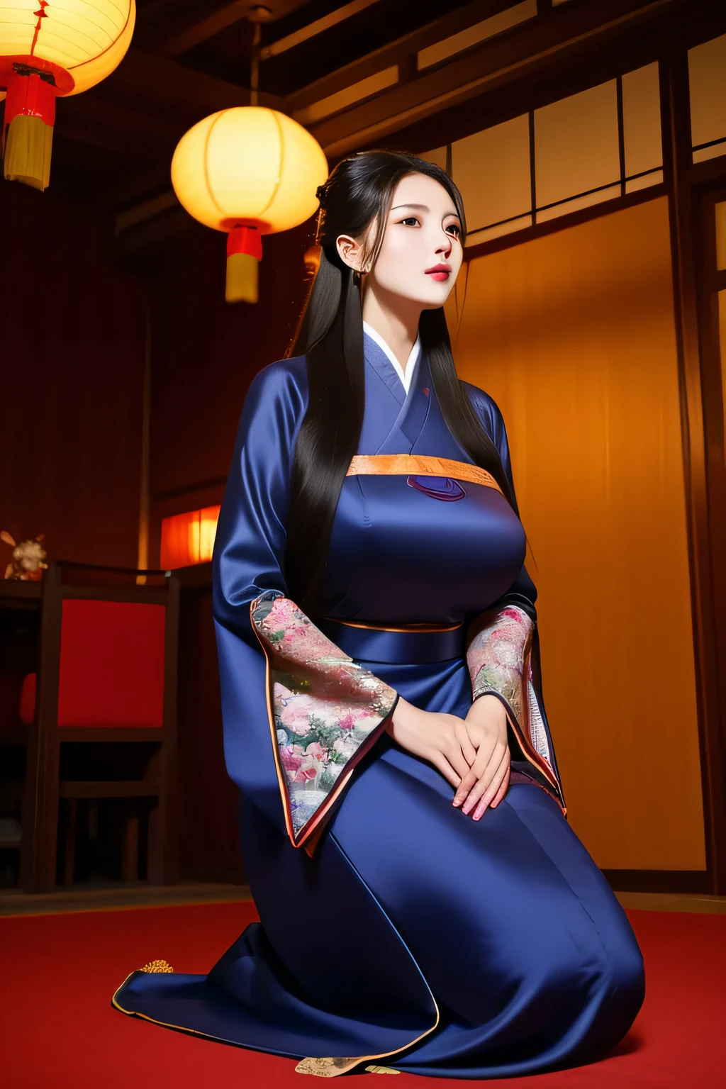 from below,masterpiece,Best quality,1girl,black long hair,Mature and intellectual lady,beautiful,huge breasts,hanfu,china_dress,chinese traditional clothes,restaurant,kneeling,at night