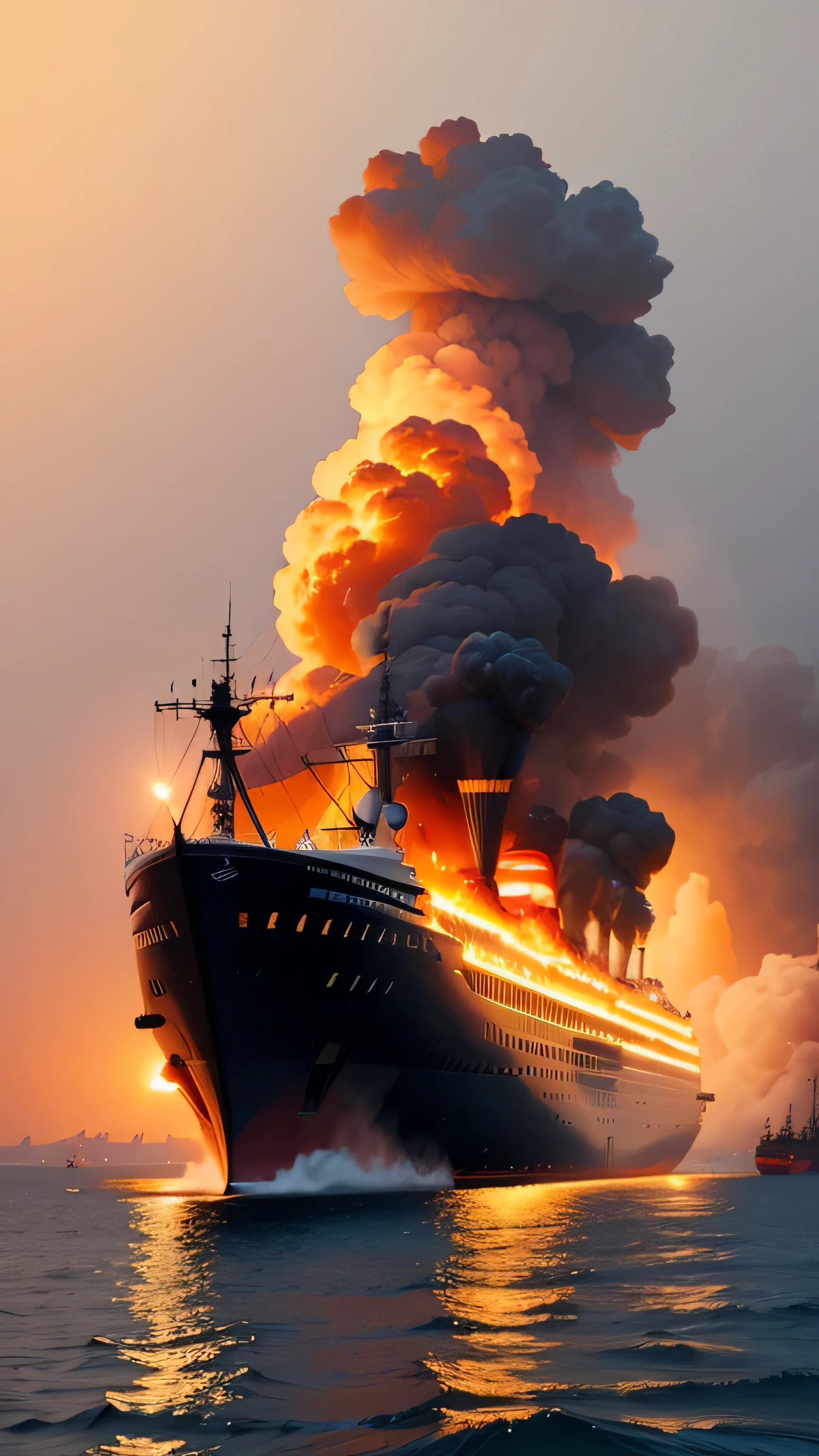 Passenger ship burns in the bay, 8k, high quality 