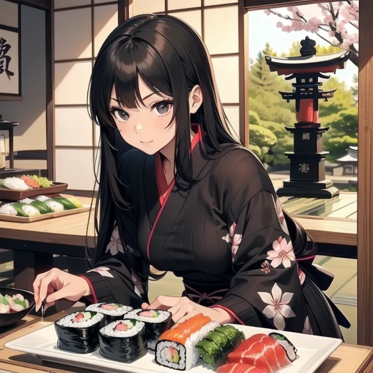 1girl, anime, black eyes, long black hair with square bangs, very long black hair, super long black hair, skirt and stockings, heels, black Japanese style kimono mixed with ribbed black sweater with red accents and sakura floral design, ((ribbed black sweater)) adult, (((Japanese shrine/temple background))), kimono sleeves, garter, graceful, ((rolling sushi in kitchen)), sushi on countertop, mountain dew energy drink/soda on countertop, lots of completed dishes everywhere, (((lots of food in the background)))