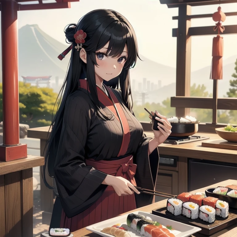 1girl, anime, black eyes, long black hair with square bangs, very long black hair, super long black hair, skirt and stockings, heels, black Japanese style kimono mixed with ribbed black sweater with red accents and sakura floral design, ((ribbed black sweater)) adult, (((Japanese shrine/temple background))), kimono sleeves, garter, graceful, ((rolling sushi in kitchen)), sushi on countertop, mountain dew energy drink/soda on countertop, lots of completed dishes everywhere, (((lots of food in the background)))