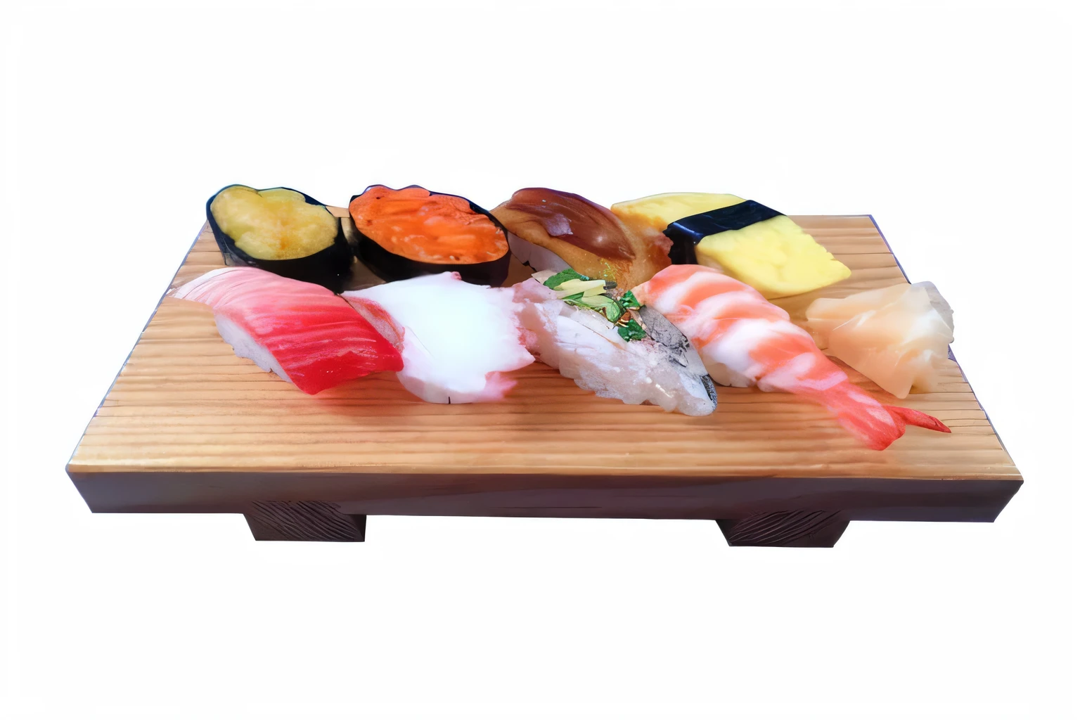 there is a wooden tray with sushi and other sushi on it, on a wooden tray, sushi, dress clothing, On a wooden plate, by Maki Haku, ukiyo, japanese fusion cuisine, iwakura, kantoku, eating sushi, yoshiku, by Seihooshi, like, momoshiki ōtsutlike