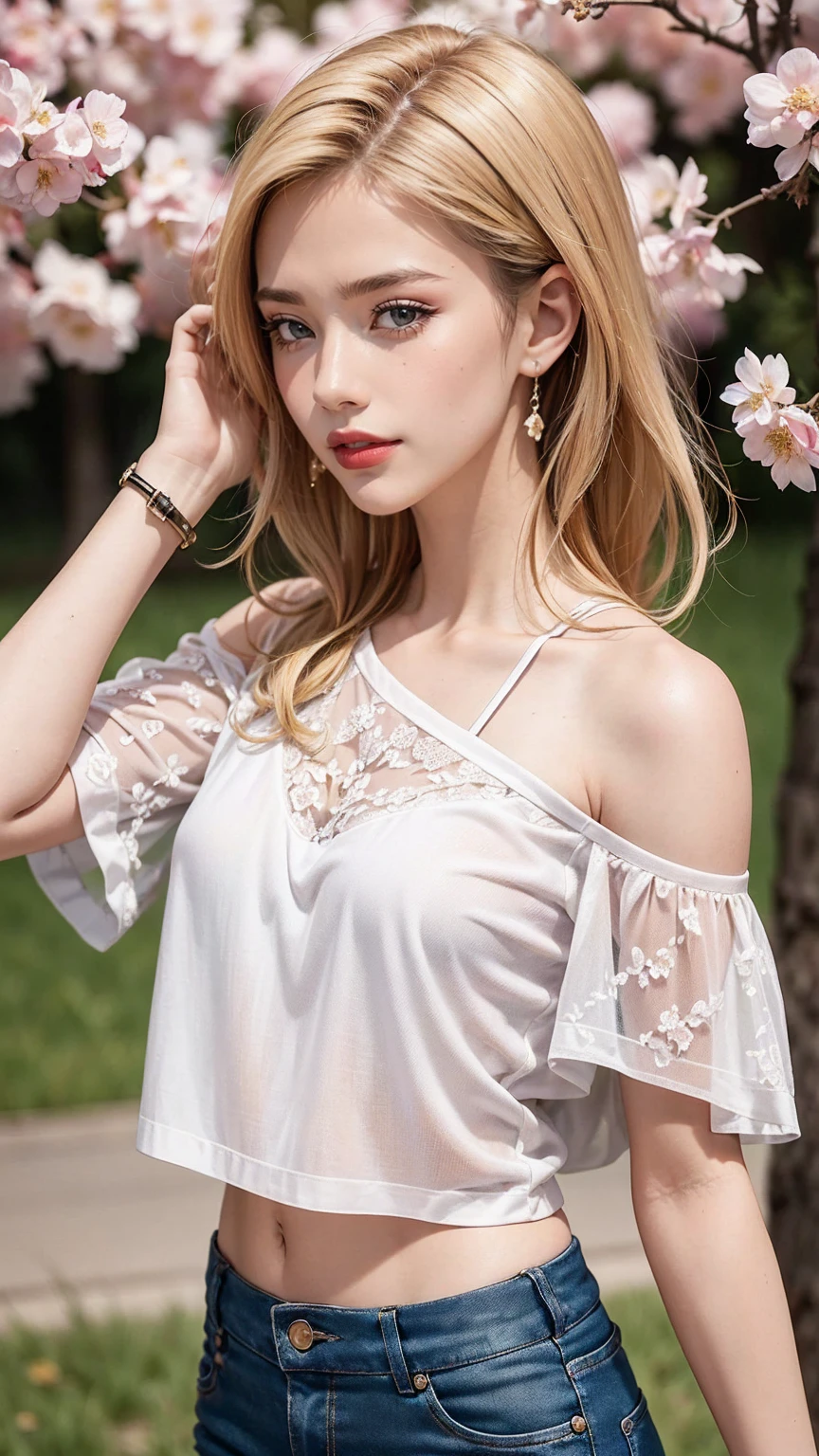 ((最high quality, 8K, masterpiece: 1.3, Ultra HD, high quality, 最high quality, High resolution, realism)) 、(high color saturation:1.0), (highly detailed skin), (最high quality:1.0), (超High resolution:1.0) ,(realistic:1.0), (Super detailed:1.0), (8K, Raw photo:1.1), slender、Slender, muscular body that's toned like an athlete's、I don't want my head to disappear from the screen.、Wear accessories on your wrist、Wearing red nail polish、I have a peticure、25 year old white woman、platinum blonde、long hair、hair is wavy、blue eyes、hair above one eye、smile、smile showing teeth((grin ))、Wear off-the-shoulder tops、Lower milk visible、Wear low-rise skinny jeans、At the lakeside、There is only nature around、Full bloom cherry blossoms、SakuraFubuki