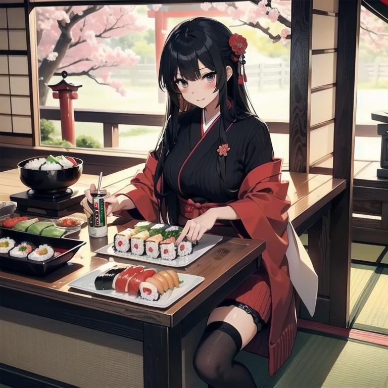 1girl, anime, black eyes, long black hair with square bangs, very long black hair, super long black hair, skirt and stockings, heels, black Japanese style kimono mixed with ribbed black sweater with red accents and sakura floral design, ((ribbed black sweater)) adult, (((Japanese shrine/temple background))), kimono sleeves, garter, graceful, ((rolling sushi in kitchen)), sushi on countertop, mountain dew energy drink/soda on countertop, lots of completed dishes everywhere, (((lots of food in the background)))