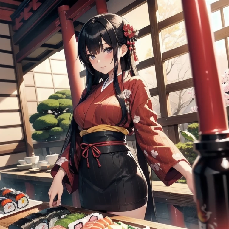 1girl, anime, black eyes, long black hair with square bangs, very long black hair, super long black hair, skirt and stockings, heels, black Japanese style kimono mixed with ribbed black sweater with red accents and sakura floral design, ((ribbed black sweater)) adult, (((Japanese shrine/temple background))), kimono sleeves, garter, graceful, ((rolling sushi in kitchen)), sushi on countertop, mountain dew energy drink/soda on countertop, lots of completed dishes everywhere, (((lots of food in the background)))