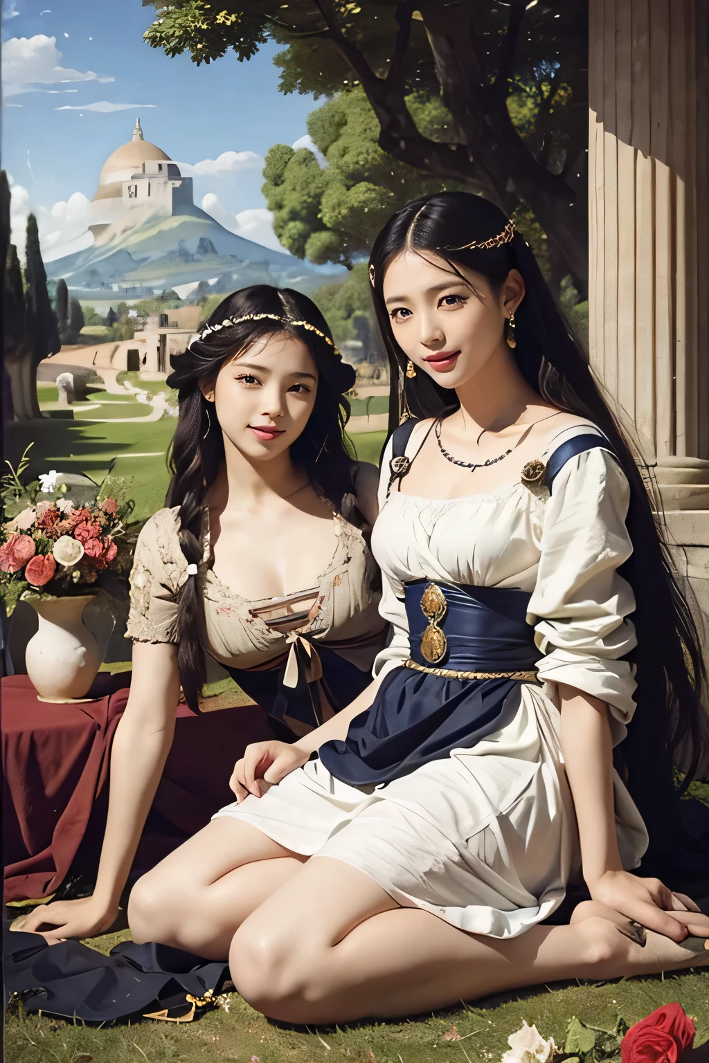 full body portrait or statue、Giorgione painting style,Arguments of two female Philosophe,math、astronomical machine、astronaut、roses in vase、fruits、Cute trinkets、smile、ancient greek costume、Ancient Roman landscape in the style of Nicolas Poussin,laughter,,Sweet and seductive appearance.、Caravaggio's paintings、Chiaroscuro of Caravaggio、hair tousled by the wind,Two women frolicking,cute smile, expression of ecstasy,Sexy,erotic