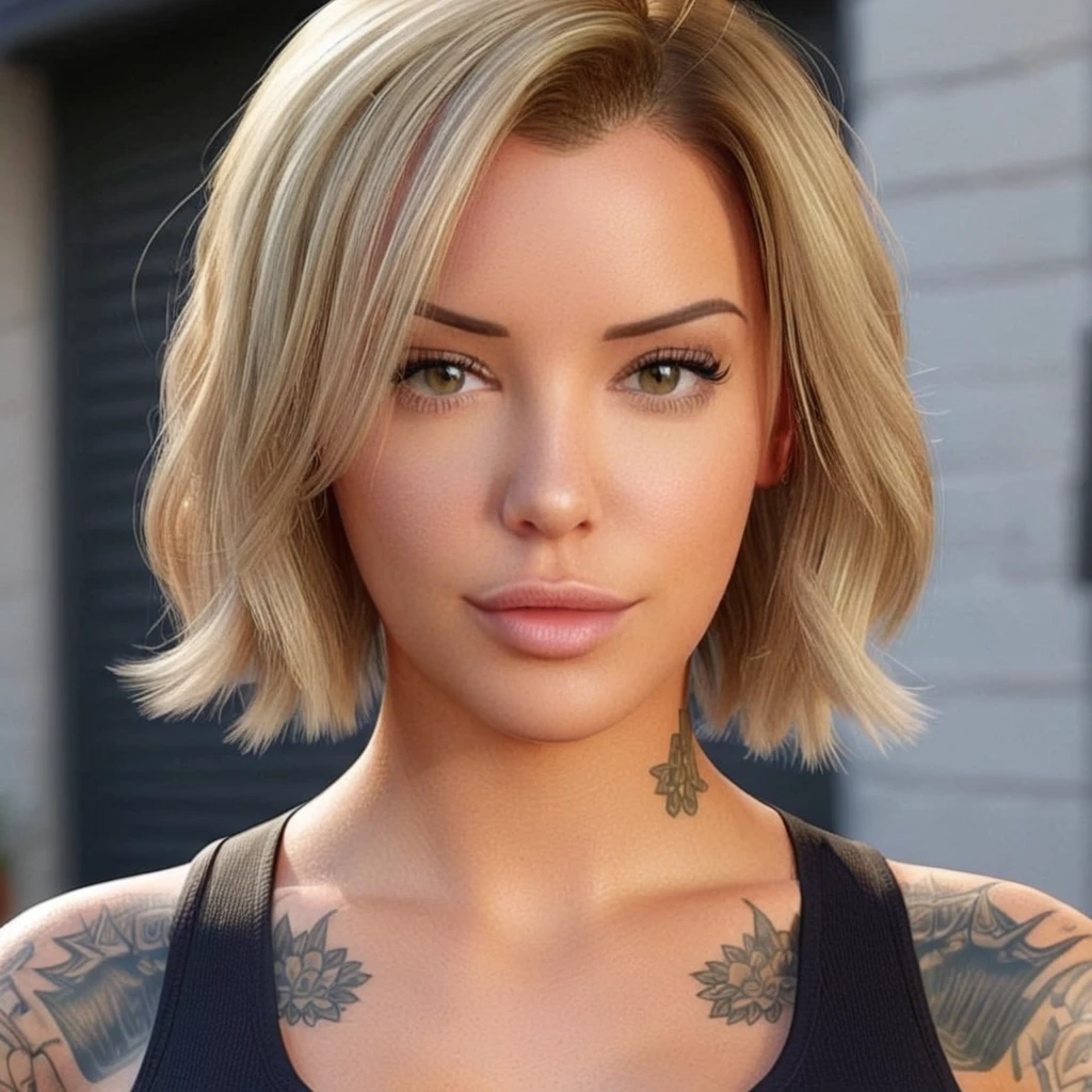 Generate a realistic 6K image of a female resembling Laurence Bedard. She should have blonde hair and be dressed in casual clothing suitable for a home setting. The scene should depict a hot weather or temperature condition. Please include prominent tattoos on her body.