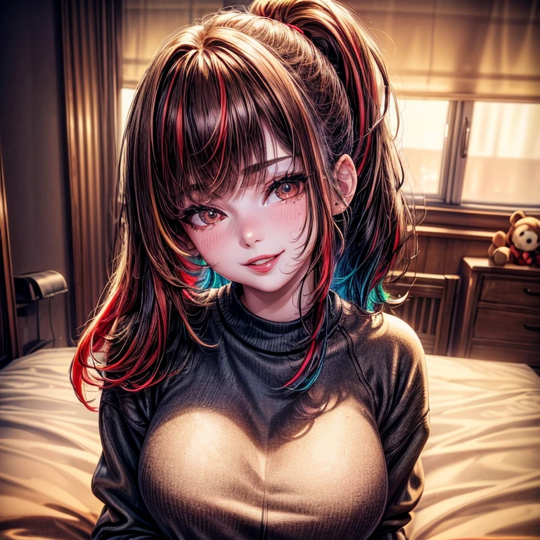 (art), (best quality), ((1 girl, 15 years old)), (Cinematic light), (High resolution), (((brown_eyes:1.2))), intricate eyes, beautiful detailed eyes, symmetrical eyes, (realistic) , (visible features), (beautiful face), (detailed), (Anatomically correct), (highly detailed face and skin texture), (realistic), (thin eyebrows), (eyeliner), (natural cheeks), (skin blonde), (bright lips), red lips), (wide smile), sunlight, shine, (multicolored hair:1.3), medium hair, bangs, ponytail, medium hair, (girl hugging stuffed animal, outfit, (cute sweatshirt) black shorts), (looking at viewer), (photorealistic: 1.37), (extremely detailed 8k CG unit), post-processing, beautiful room, full of stuffed animals.