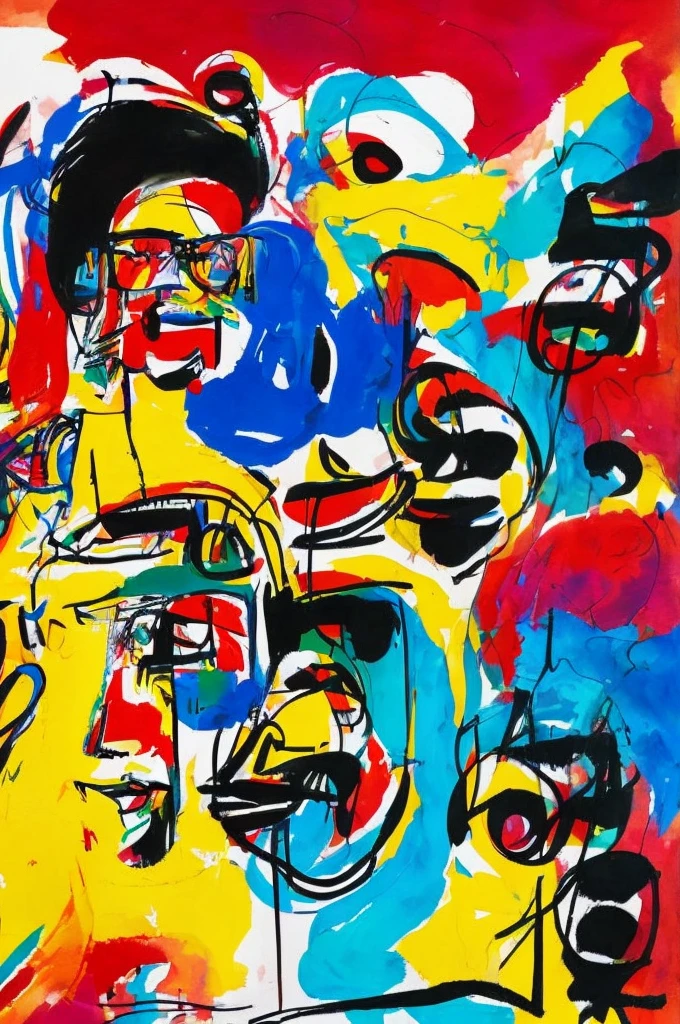 Front view of the scene; details in 8k; precision in details; Pablo Picasso style drawing. (((Wood Splash Style 1.4))); high color contrast; Abstract artistic drawing on a textured background of a brunette woman with long, wavy hair wearing square glasses, a woman smiling with red lipstick, a slimmer, slightly rounded face with slight dimples near the mouth; wearing a black coat with a yellow t-shirt underneath looking to the right, A stylized graphic portrait of ean-Michel Basquiat, background graphic from Futura 2000, with a vibrant RGB color glow. no shadows, full design, green, red.yellow. black warm colors, sticker, bright colors, black background, t-shirt design, illustration, watercolor illustration, professional illustrator, best watercolor, ink and watercolor paintings, alcohol ink, vibrant colors, perspective view, centered, perspective lines. graffiti, doodling, Petra Cortright Comics, Best quality, artwork, Representative work, official art, professional, ultra intricate detailed,