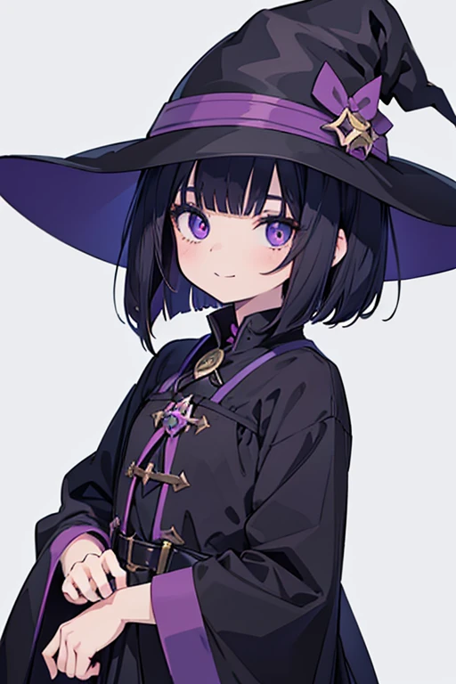 Witch's outfit, Anime-style portrait of a girl with a deep violet bob cut making eye contact with the camera, bright eyes, baby-faced, subtle smile, minimalistic background to emphasize character, high contrast, clean lines, digital painting, vivid colors