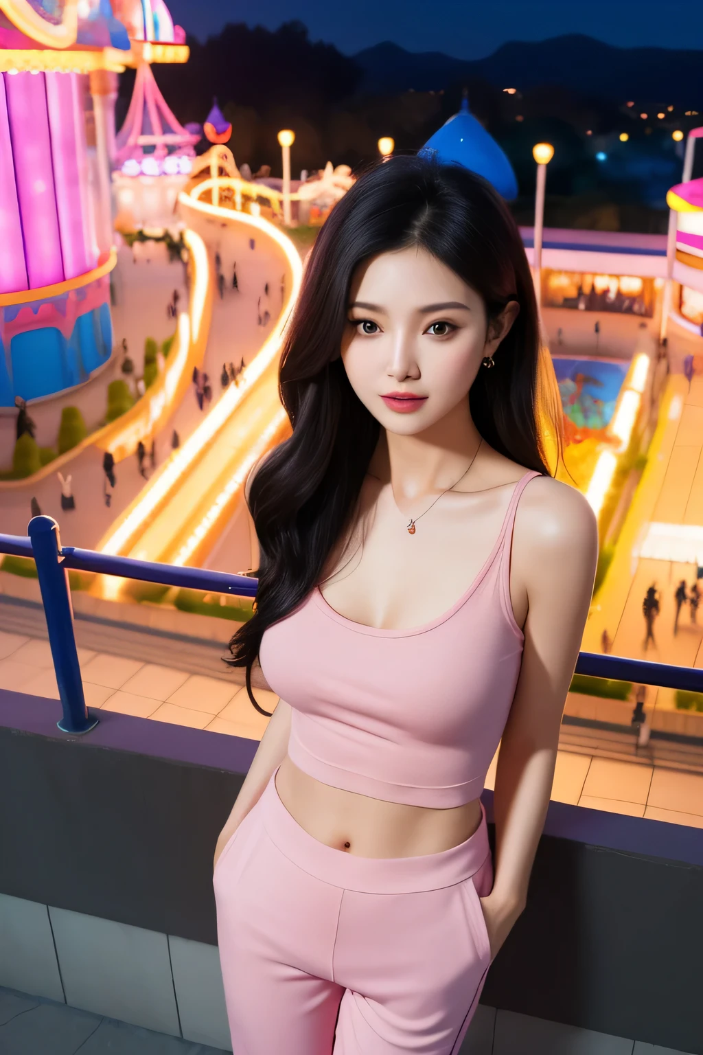 from above,masterpiece,Best quality,1girl,black long hair,Mature and intellectual lady,beautiful,small breasts,long hair, pink sleeveless tank top，pink trousers,amusement_park,standing,at midnight