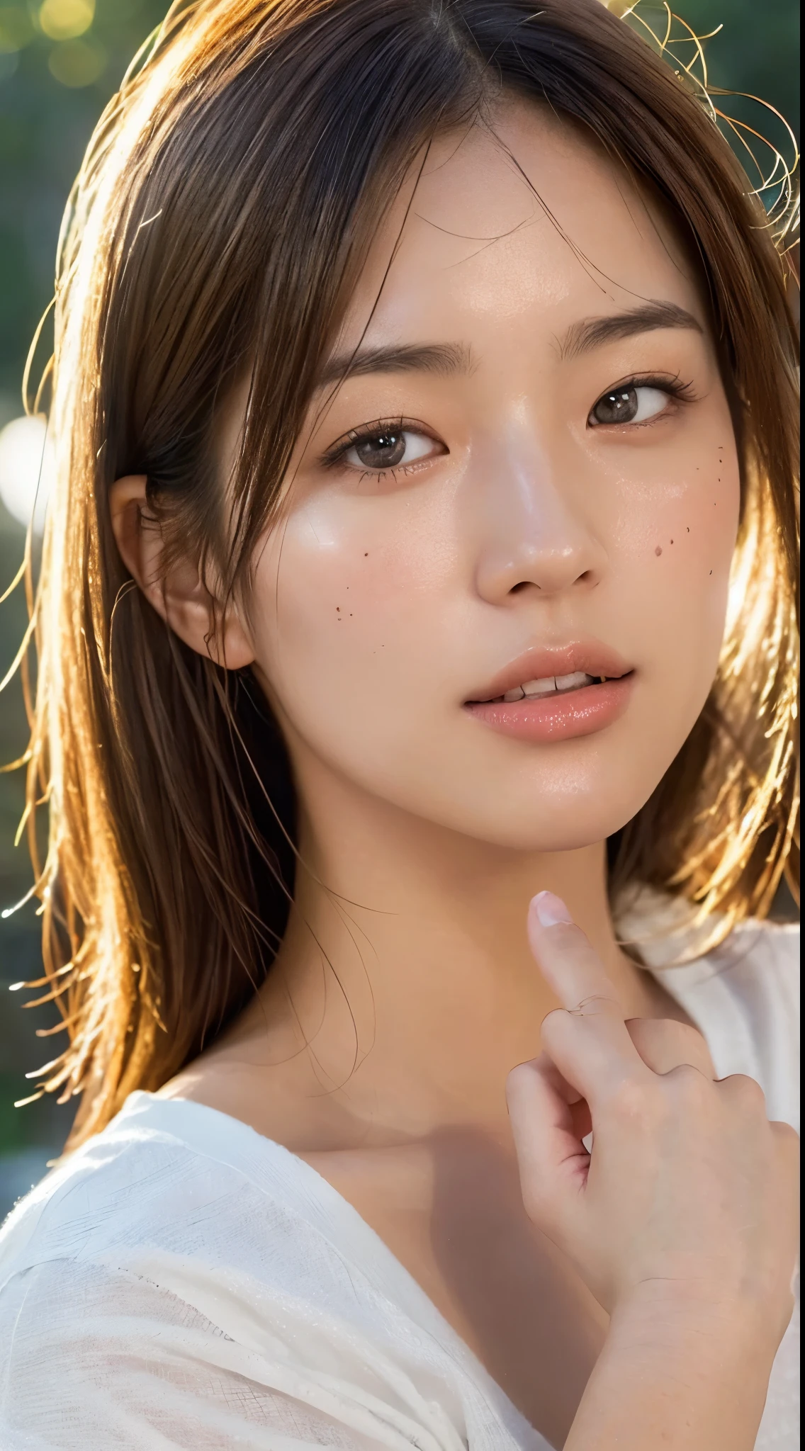 dressed, (photo realistic:1.4), (hyper realistic:1.4), (realistic:1.3),
(smoother lighting:1.05), (Improve the quality of cinematic lighting:0.9), 32k,
1 girl,20 year old girl, realistic lighting, Backlight, light shines on your face, ray tracing, (bright light:1.2), (Improvement of quality:1.4),
(Highest quality realistic textured skin:1.4), detailed eyes, detailed face,
(Tired, sleepy and happy), (smile:0), close up of face, T-shirt,
(Enhance the mood of your body line:1.1), (Enhances the beauty of skin texture:1.1)