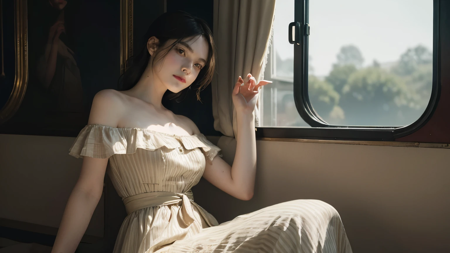 (Best quality, Ultra detailed, Golden ratio, Masterpiece:1.2), Theatrical lighting:0.7, Photo of a woman, dressed in a very elegant and pretty dress, Perfect rare face, (Highly detailed skin), randomly dyed hair, Hide your mouth with your hands、 Ridicule, skin texture, Pale skin, shiny skin, (thin, large size:1.2), [:(Sharp focus on rare face, perfect eyes:1.2):0.2], photorealistic, film grain, Put one foot forward、 from below looking up、 look at camera、 Emphasize the shoulders, Focus on face、 Stocking、 Smile with corners of mouth raised、 disdainful expression, summer haze, muted colors, muted warm colors, Photo cinematic portrait of a woman dressed in a striped dress sitting by the window in the early morning, cinematic, (tilted:1.3) (on an old train) look cautious, standing under a spotlight, volumetric dust clouds, key light, backlight, soft natural lighting, photography Film grain ISO 400 30 mm lens RAW f1.8 aperture, highly detailed (analog photography:1), colors hdr