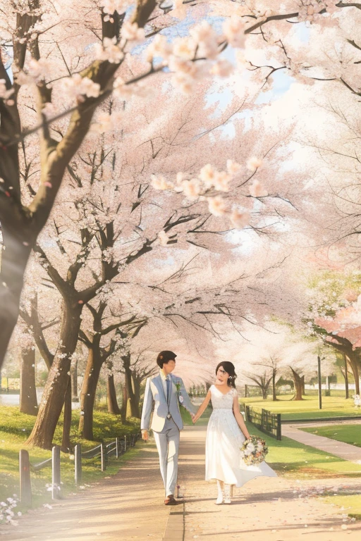 Araped couple walking in the park under a tree-lined road, under Cherry Blossom tree, Cherry Blossom season dynamic lighting, Cherry Blossom season, Cherry Blossom trees, lush Cherry Blossom trees, Cherry Blossom bloomimg, Wedding Photography, Cherry Blossom, SSAO, On a scenic backdrop, dices, very magical and dreamy, Photo shoot, Reporter Shim Sa-jeong, flower road to heaven, 🌸 🌼 💮