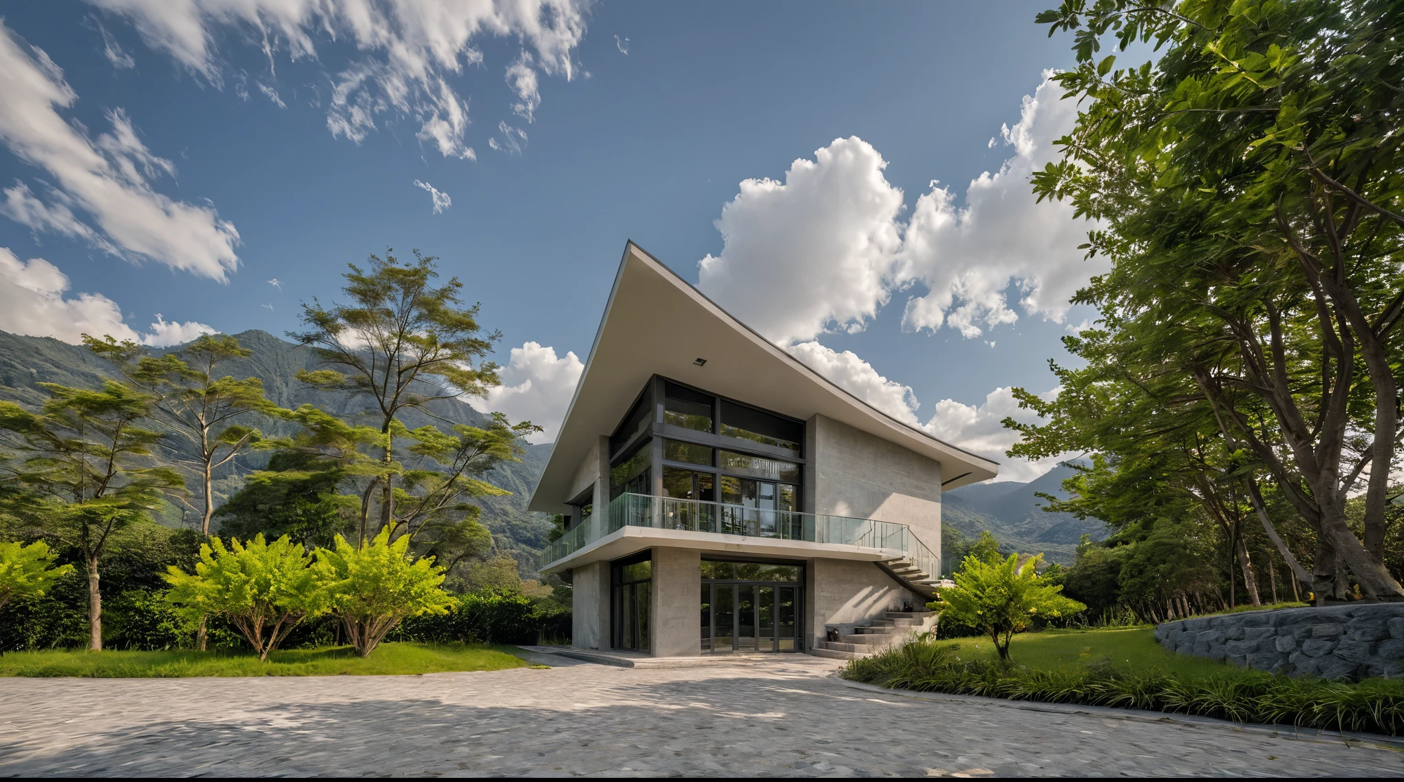 Masterpiece, high quality, best quality, authentic, super detail, outdoors, onestoreyvillaXL, aiaigroup, house style modern on the street ,stairs, white wall ,road,pavement, grass, trees, sky, cloud, (daylight:1.1)
