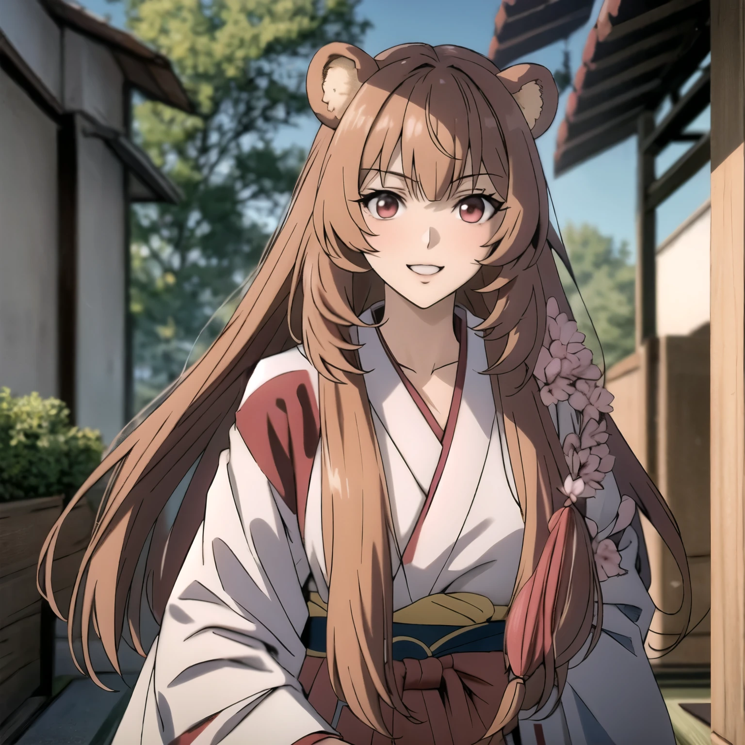 Raphtalia. beautiful woman 24 years old bear ears, cabello rubio anaranjado . red eyes like rubies. detallados alta calidad. piel clara , brillante. sonrisa mostrando los dientes, rubor , pechos grandes. escote, viste un kimono japones pare superior color blanco y parte inferior color rojo. pink belt, fondo arboles de cerezo. manos perfectas cinco dedos en cada mano.