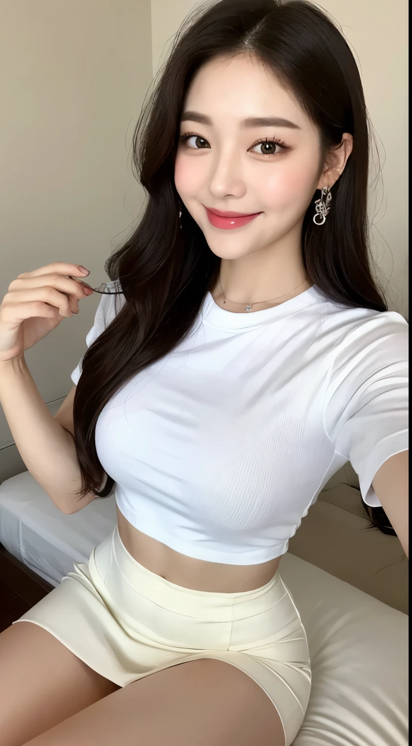 white tight shirt、white tight mini skirt、bed、smile、short sleeve、high resolution、Korean idol face、double eyelid