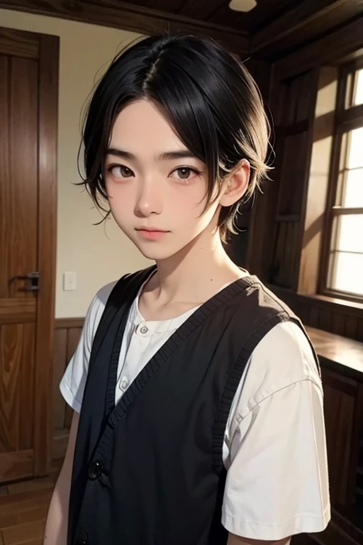 Um menino com preto, cabelo ondulado em seu quarto, Ghibli anime studio, Ghibli Stadium version, menino de 19 anos, Studio Ghibli anime, castelo do uivo