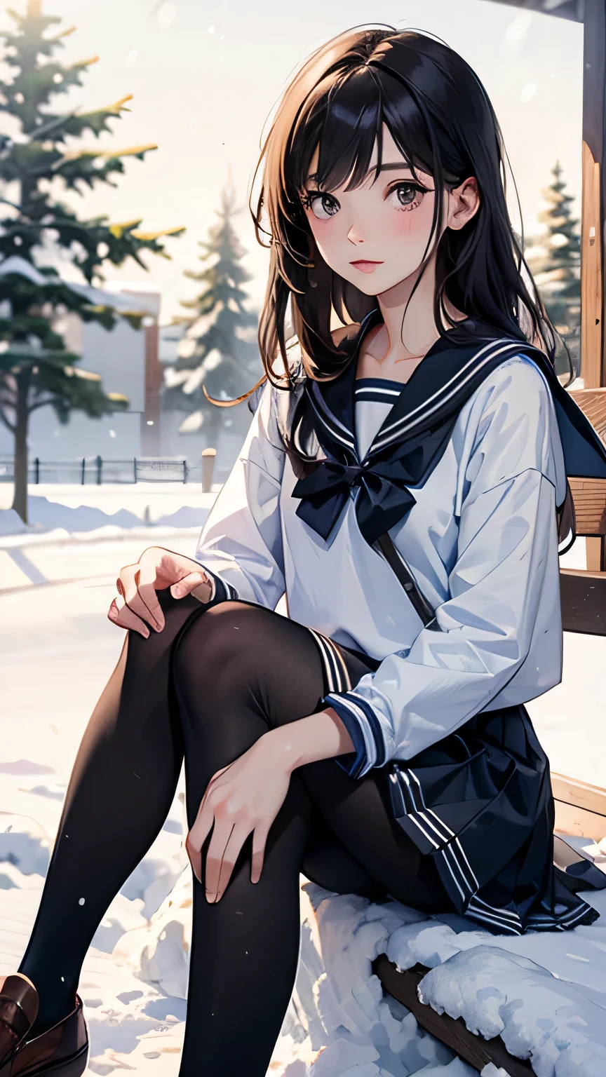 (((Masterpiece))),((top quality)),one beautiful girl,bangs、(black sailor uniform:1.5)、(black pantyhose)、(dark brown loafers)、snow girl, beautiful digital artwork, Beautiful snow girl, beautiful fantasy art, very beautiful fantasy art, beautiful digital art,(sitting in the snow:1.5)