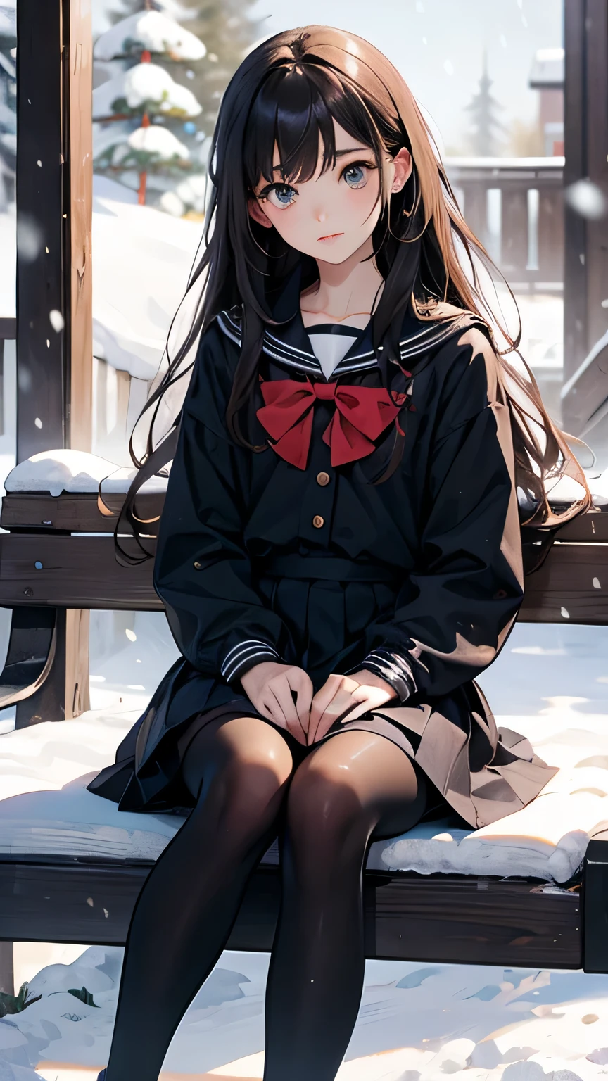 (((Masterpiece))),((top quality)),one beautiful girl,bangs、(black sailor uniform:1.5)、(black pantyhose)、(dark brown loafers)、snow girl, beautiful digital artwork, Beautiful snow girl, beautiful fantasy art, very beautiful fantasy art, beautiful digital art,(sitting in the snow:1.5)