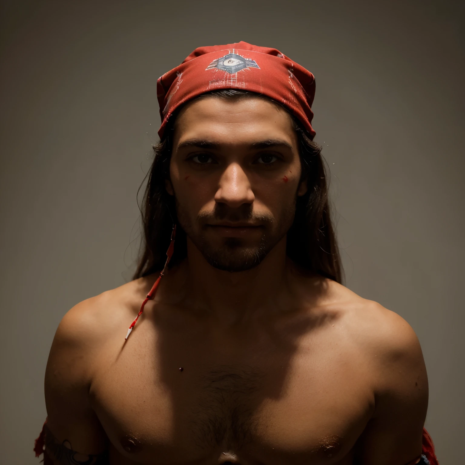 Um homem um pouco forte que usa roupas pretas femininas e usa uma bandana com litras vermelhas e com dentes de vampiro em uma pose de deus grego