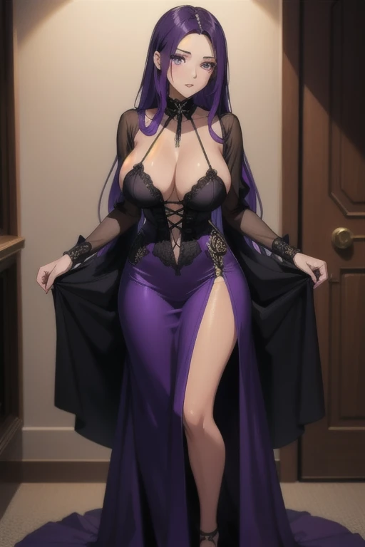 A girl with very long straight purple hair and purple eyes with tan skin and full breasts standing straight facing the viewer who is wearing a gothic dress, perfect,