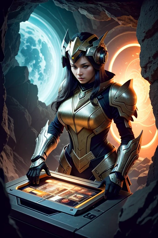 (best quality,4k,8k,highres,masterpiece:1.37), ultra-detailed, (realistic,photorealistic,photo-realistic:1.37), (aerial view), (top down perspective), 1woman, (a woman pulling a video game cartridge out of a futuristic artifact box full of retro video game cartridges:1.6), (the woman is looking down:1.4), (Futuristic artifact box), (the artifact box is open), (The scene unfolds inside a mystical cavern:1.4), robot joints, mecha musume, (The woman is wearing a mecha armor made with glass details, covering her entire body:1.5), (She has a glass helmet visor:1.4), (dynamic angle:1.37), headgear, mechanical parts, (The woman's headgear is made of fractal mechanical parts:1.4), (fantasy and sci-fi mixed:1.37), holographic glitch effects floats around the woman, vibrant colors, (A blue glow emanates from inside the treasure chest), glowing lights, (abandoned machinery), (there are video game cartridges and consoles on the background), mystical creatures, (there are crystal formations spreading on the background), (futuristic technology), (ancient artifacts), mystical energy, vibrant retro aesthetic, atmospheric lighting, ancient ruins, mysterious symbols, lush vegetation, interdimensional portals, nostalgic atmosphere, epic adventure, delightful surprises