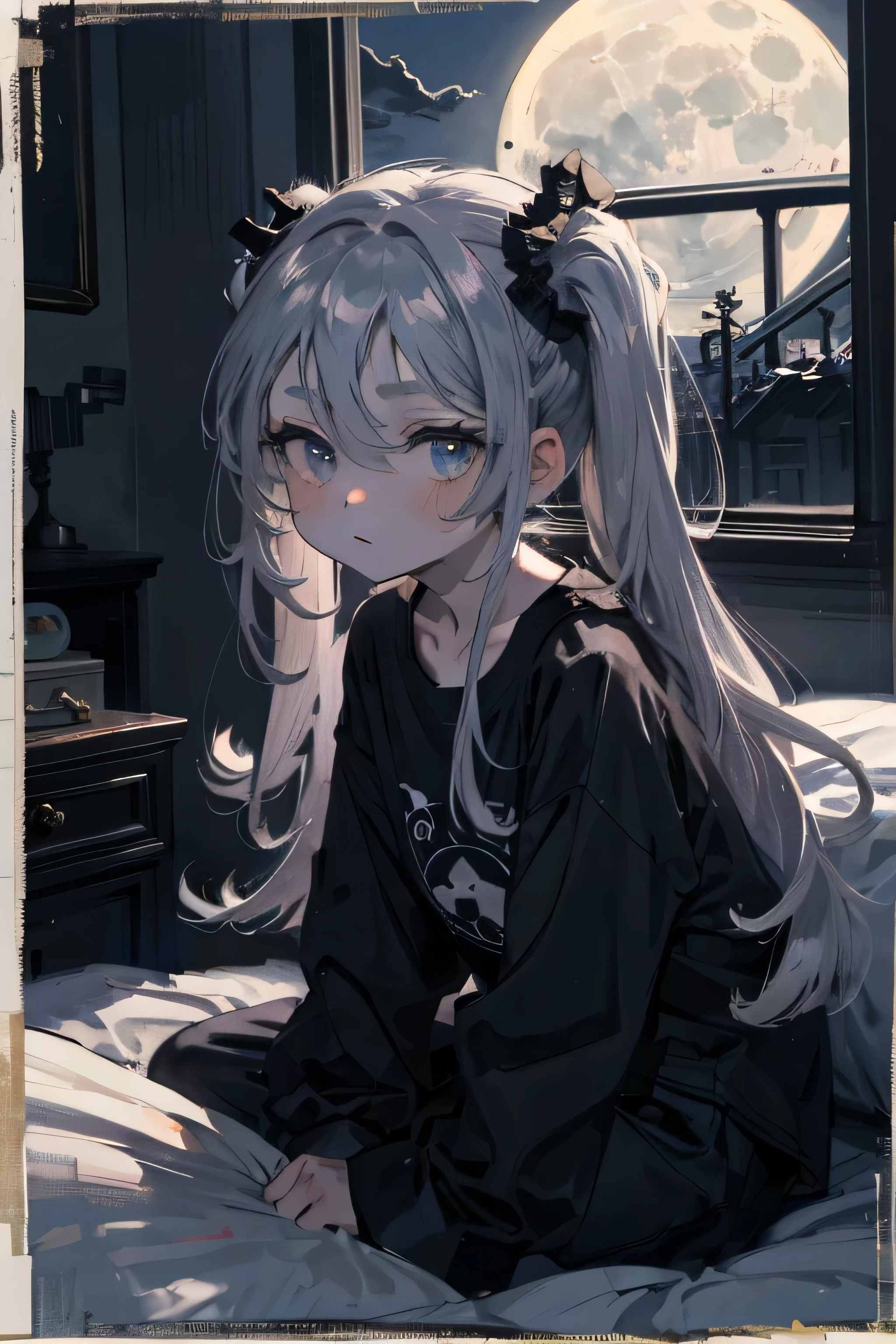best quality, masterpiece,ultra high res,detailed, one girl,short body,black pajamas,thinking,frizzy hair,twin tail,long hair,silver hair,pale blue eyes,double eyelid,black pupil,round face,bedroom,magnificaiant view,night,beautiful moon