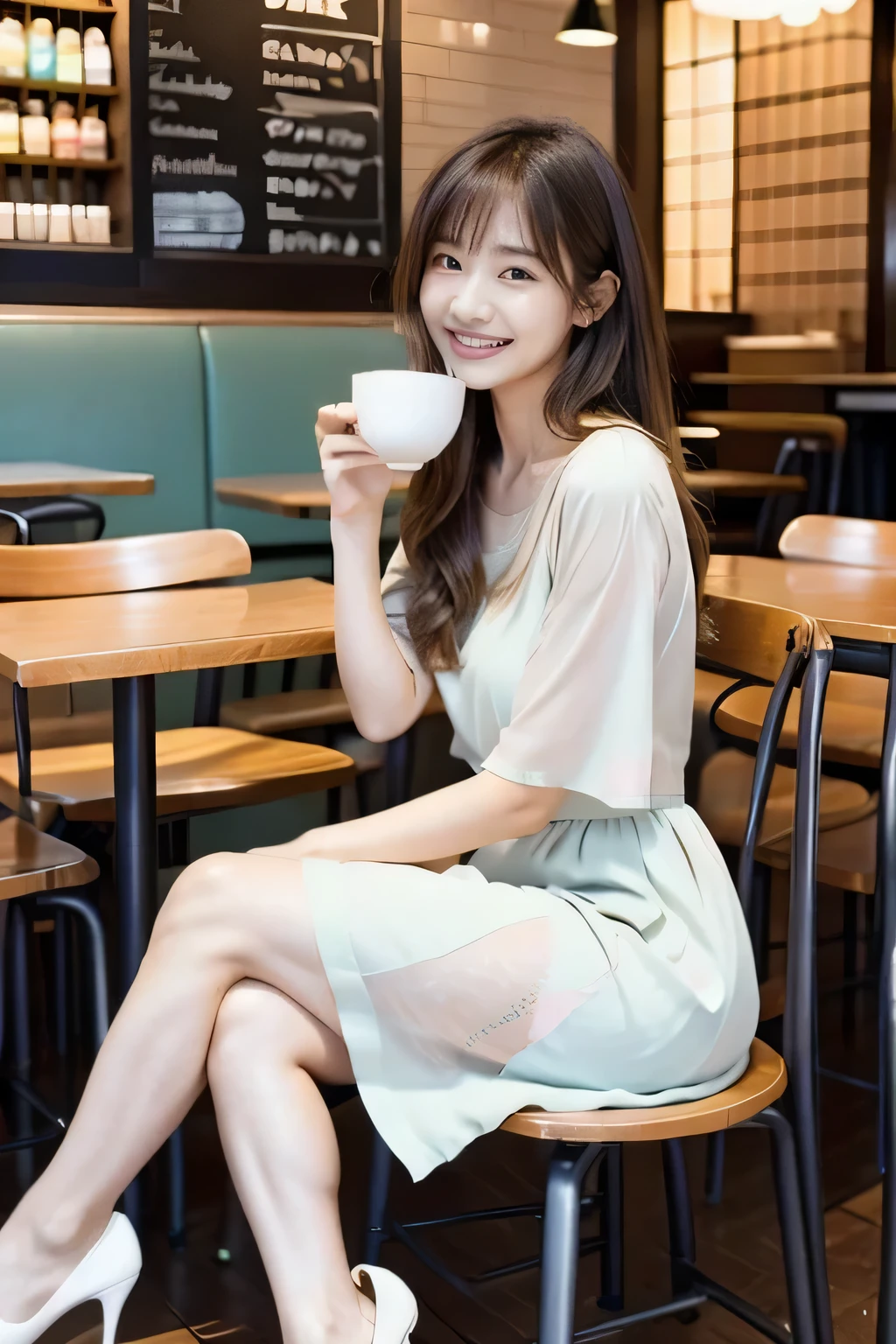 1 Japanese 20yo girl with medium-length light brown hair, sitting in a cafe, drinking a latte. She is wearing a pastel color with small flower pattern spring dress and pumps, smiling with a full-body view.