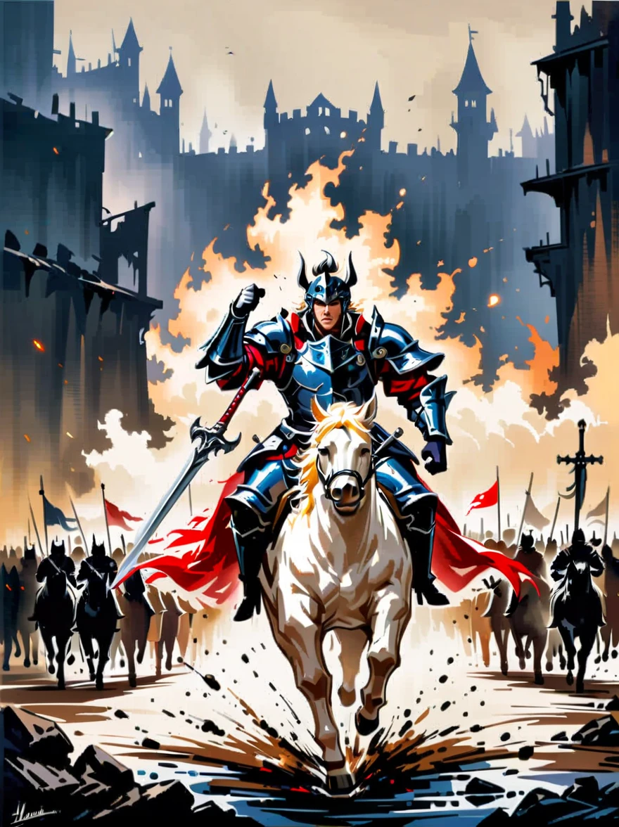 (Personification:1.5),Cat Knight,wearing armor,Riding a white horse,heroic,brandishing sword,ready,Fierce Charge,Meticulous and realistic,heroic无畏,Medieval battlefield atmosphere