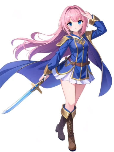 masterpiece, best quality, cute eyes, 1girl, solo, high fantasy costume, random pose, ((white background)), full body, boots, sword,