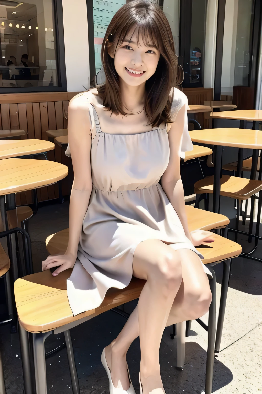 1 Japanese 20yo girl with medium-length light brown hair, sitting in a cafe, drinking a latte. She is wearing a pastel color with small flower pattern spring dress and pumps, slender legs. smiling with a full-body view.