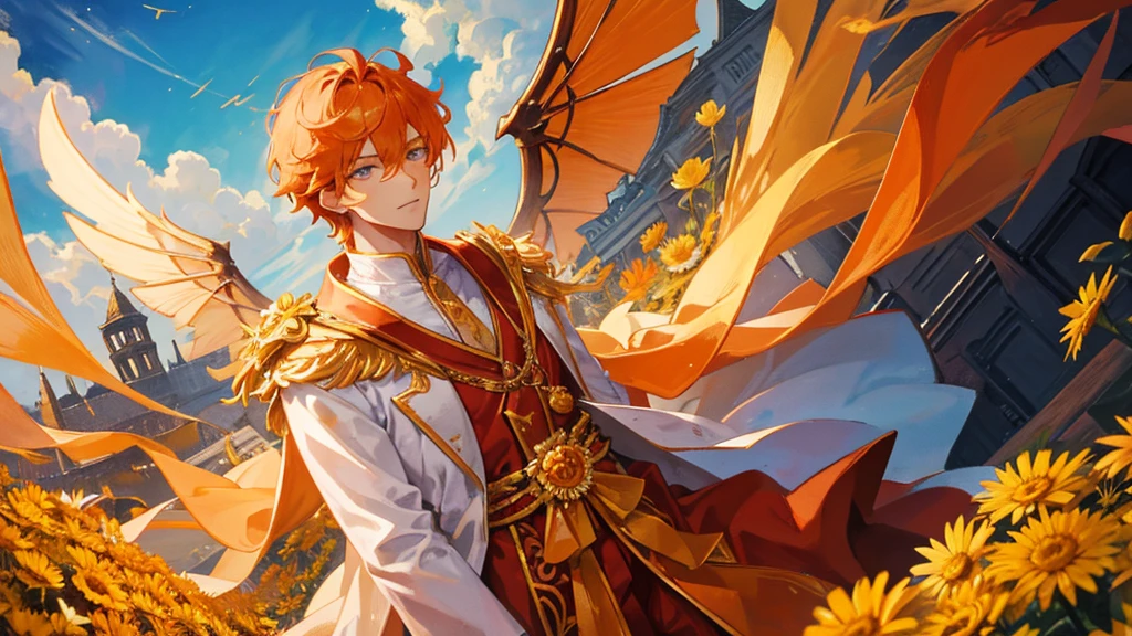 handsome boy, orange hair, different eye colors, royal clothes, gold wings, chrysanthemums, 8k resolution, sky