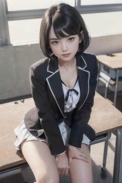 Pictures of girls, short wavy hair, pale skin, moles under the eyes, freckles, medium breasts, small hips, 8K UHD, DSLR, soft lighting, high quality, film grain, fujifilm XT3, masterpiece, best quality, raw photo, photorealistic, beautiful girl, sitting on a park bench, cute, short hair, depth of field, high resolution, ultra detail, fine detail, very detailed, highly detailed eyes and face, sharp pupils, realistic pupils, sharp focus, cinematic lighting, (office lady, watch, suit, black jacket, blouse, black pleated skirt, pumps with straps)