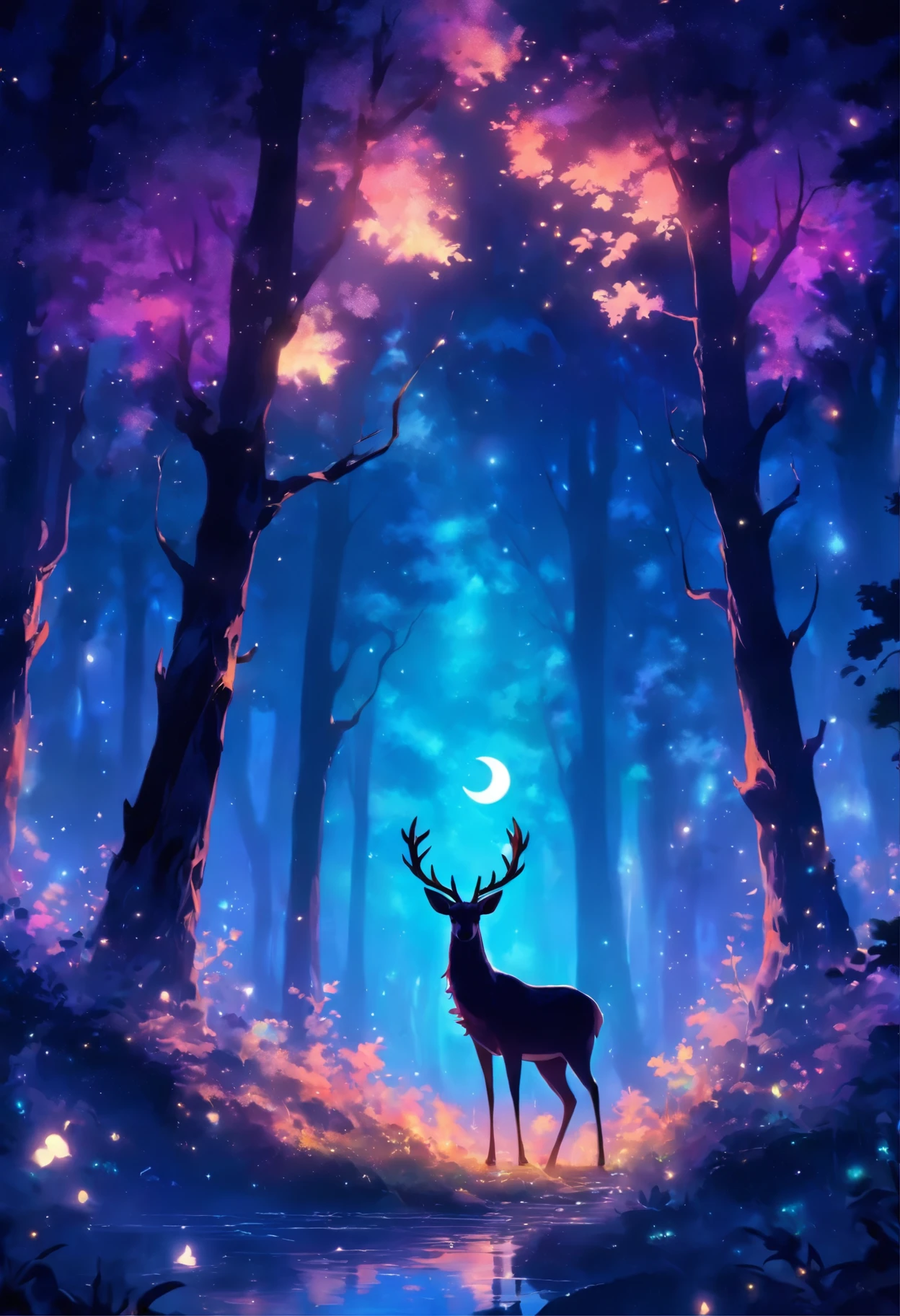 a painting of a deer in the woods with a crescent, calm night. digital illustration, ✨🕌🌙, night in the forest, in the forest at night, in a forest at night, night forest, the moonlit dance of the fae, ori and the blind forest, hollow knight concept art, moonlit forest environment, moonlit forest, forest spirit