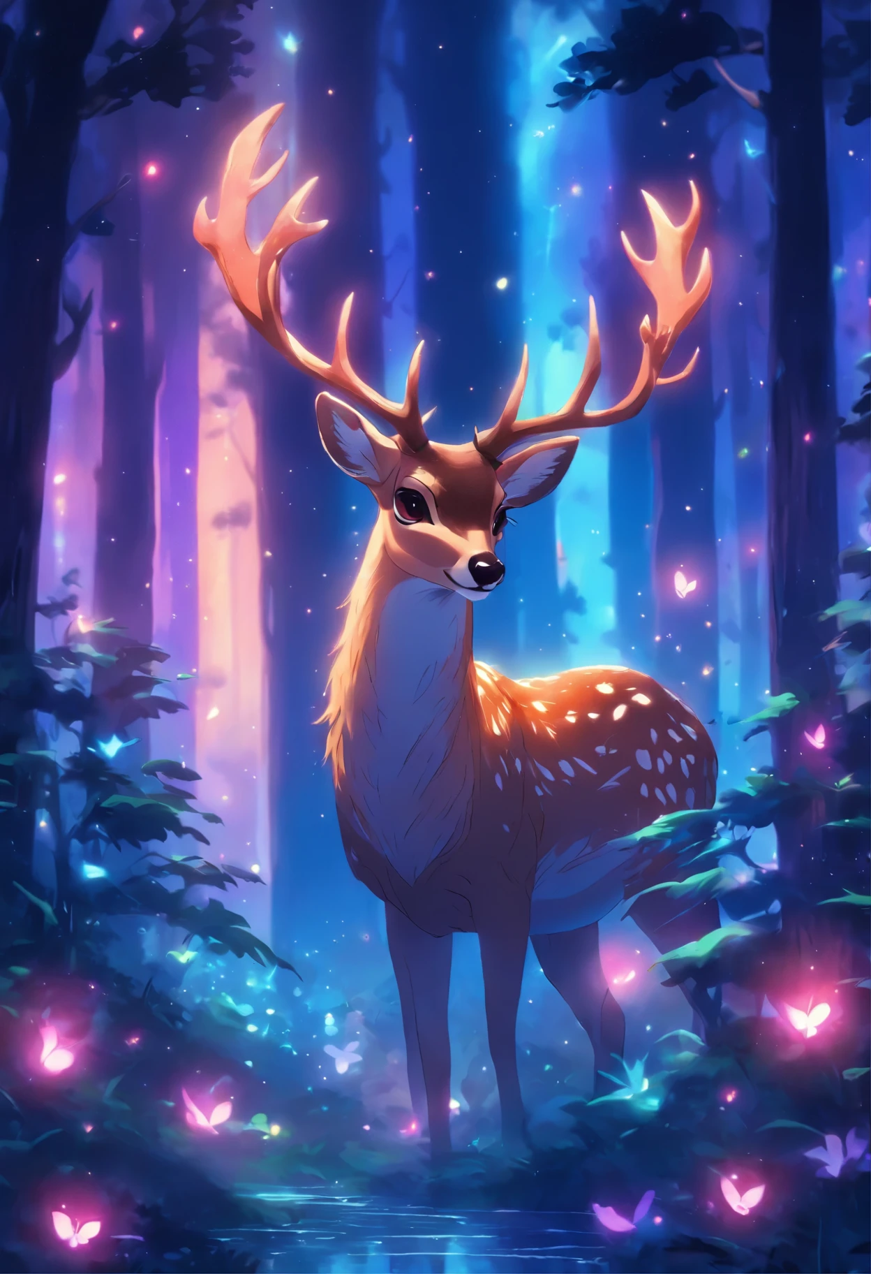 a painting of a deer in the woods with a crescent, a digital painting by Caroline Chariot-Dayez, Artstation, fantasy art, calm night. digital illustration, ✨🕌🌙, night in the forest, in the forest at night, in a forest at night, night forest, the moonlit dance of the fae, ori and the blind forest
