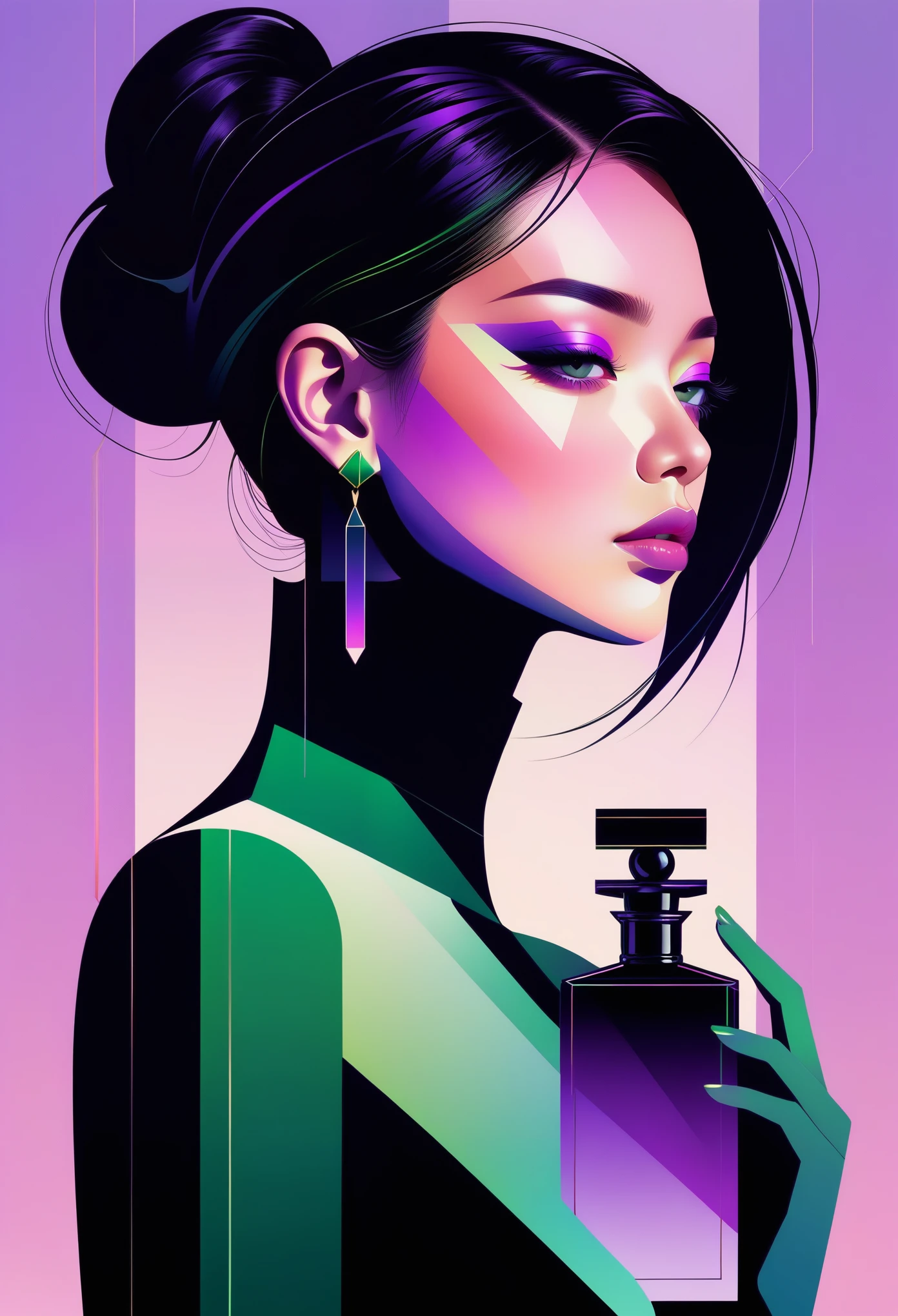 (((vector，flat form style，illustration，数字艺术illustration)))，1 girl，Unique，pretty face，earrings，portrait，Shoulder，Black high neck，Geometric gradients，gradient lines，artistic conception，Abstract，Minimalism，minimalist lines，portrait，purples and greens，Rhythmic lines，A perfume bottle