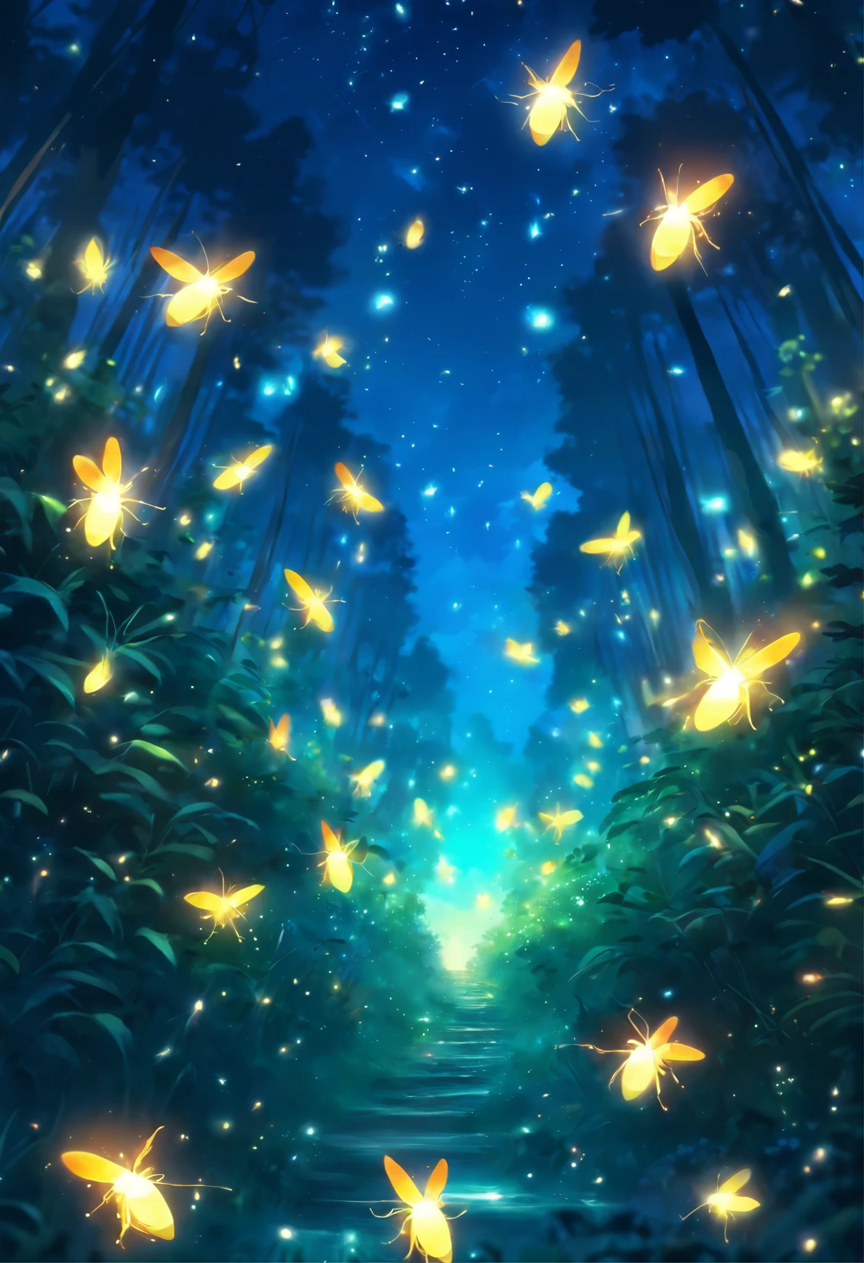 fireflies flying in the night sky above a forest path, fireflies and sparkling wisps, magical forest with fireflies, glowing fireflies, fireflies!!!!, firefly forest at night, fireflies!!, cozy night fireflies, fireflies around, fireflies glowing, fireflies flying in the forest, fireflies flying around, fireflies