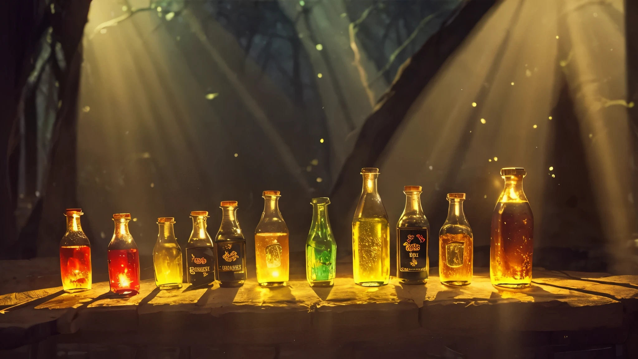 (best quality,8k,masterpiece:1.2),medieval magic bottles,full of vivid lights,fireflies